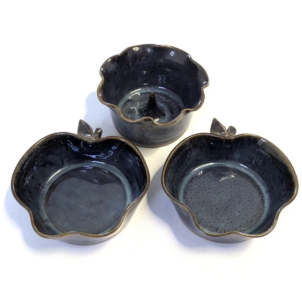 Sandra O'Quinn Studio Pottery Set 3 Apple Bowls & Baker Midnight Glaze Signed